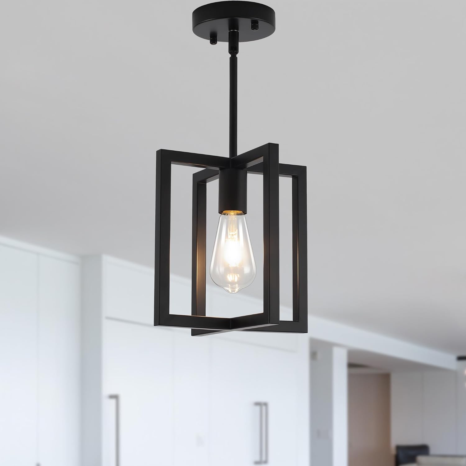 3-Light Ceiling Light Fixture, Black Semi-Flush Mount Chandelier with Geometric Metal Shade, Farmhouse Industrial Lighting for Kitchen Living Room Bedroom Hallway Foyer, E26 Base - Grand Goldman