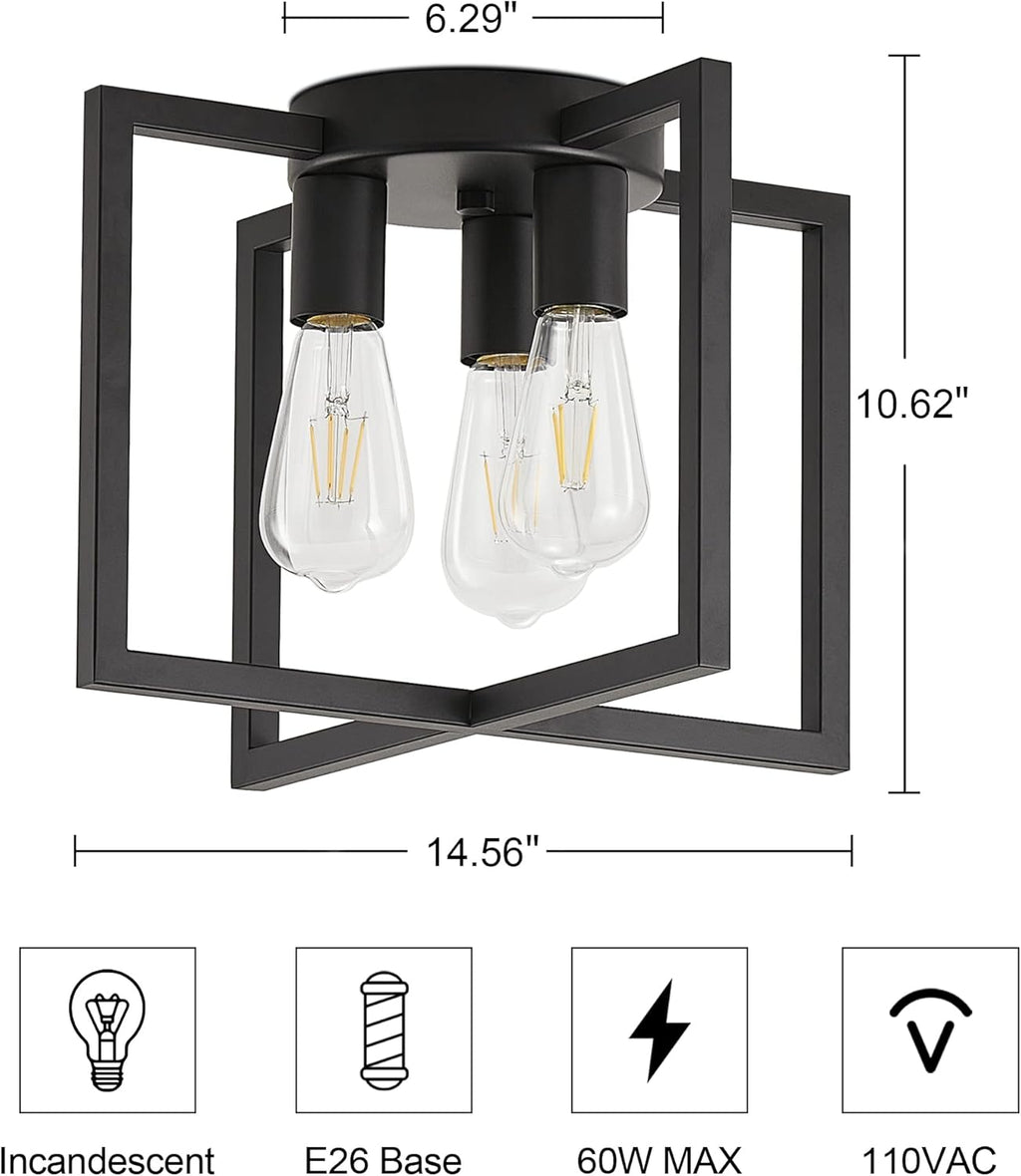 3-Light Ceiling Light Fixture, Black Semi-Flush Mount Chandelier with Geometric Metal Shade, Farmhouse Industrial Lighting for Kitchen Living Room Bedroom Hallway Foyer, E26 Base - Grand Goldman