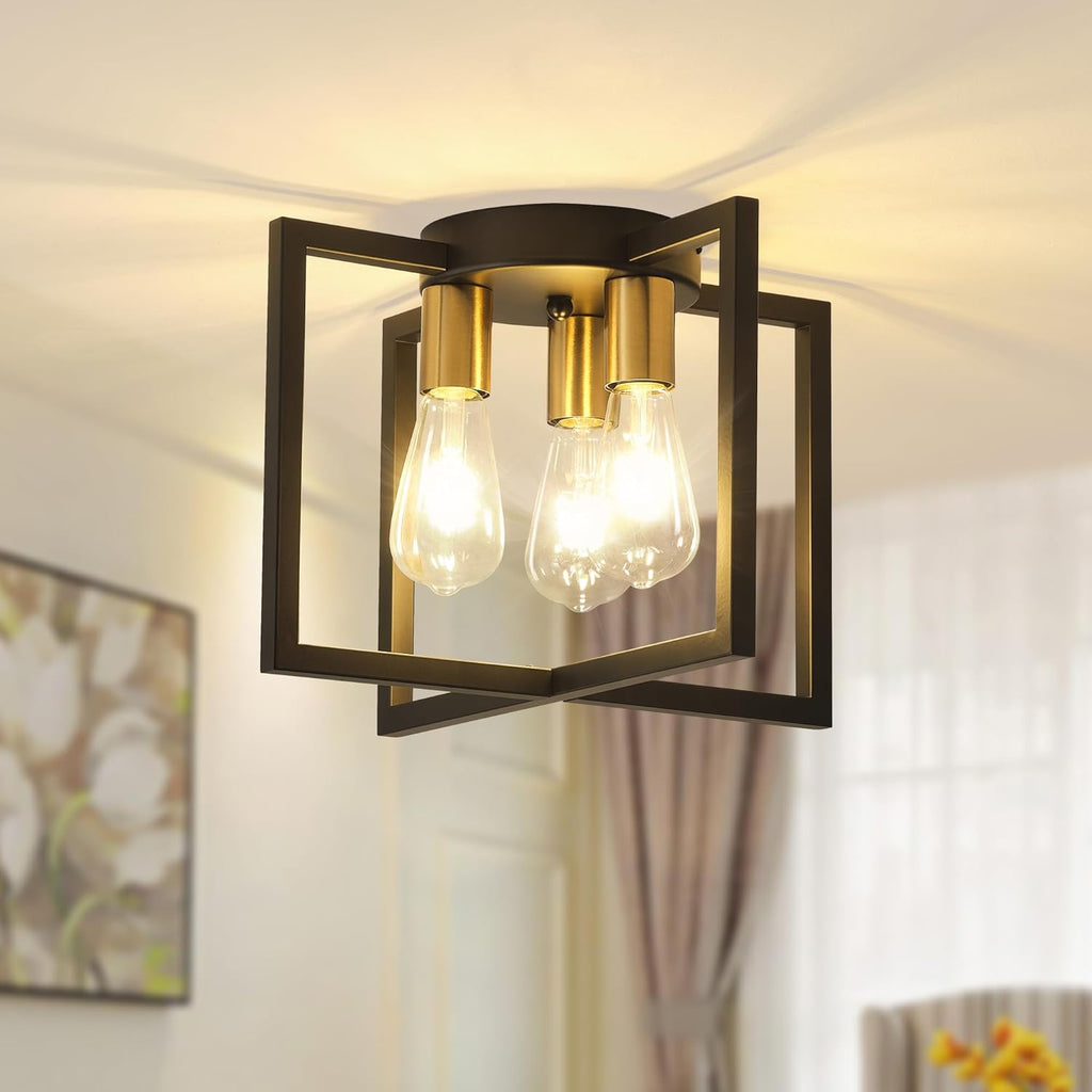 3-Light Ceiling Light Fixture, Black Semi-Flush Mount Chandelier with Geometric Metal Shade, Farmhouse Industrial Lighting for Kitchen Living Room Bedroom Hallway Foyer, E26 Base - Grand Goldman