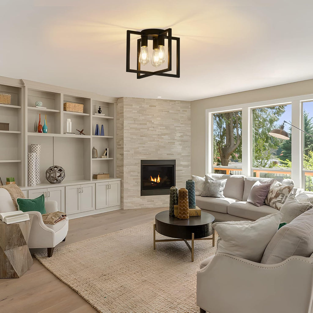 3-Light Ceiling Light Fixture, Black Semi-Flush Mount Chandelier with Geometric Metal Shade, Farmhouse Industrial Lighting for Kitchen Living Room Bedroom Hallway Foyer, E26 Base - Grand Goldman