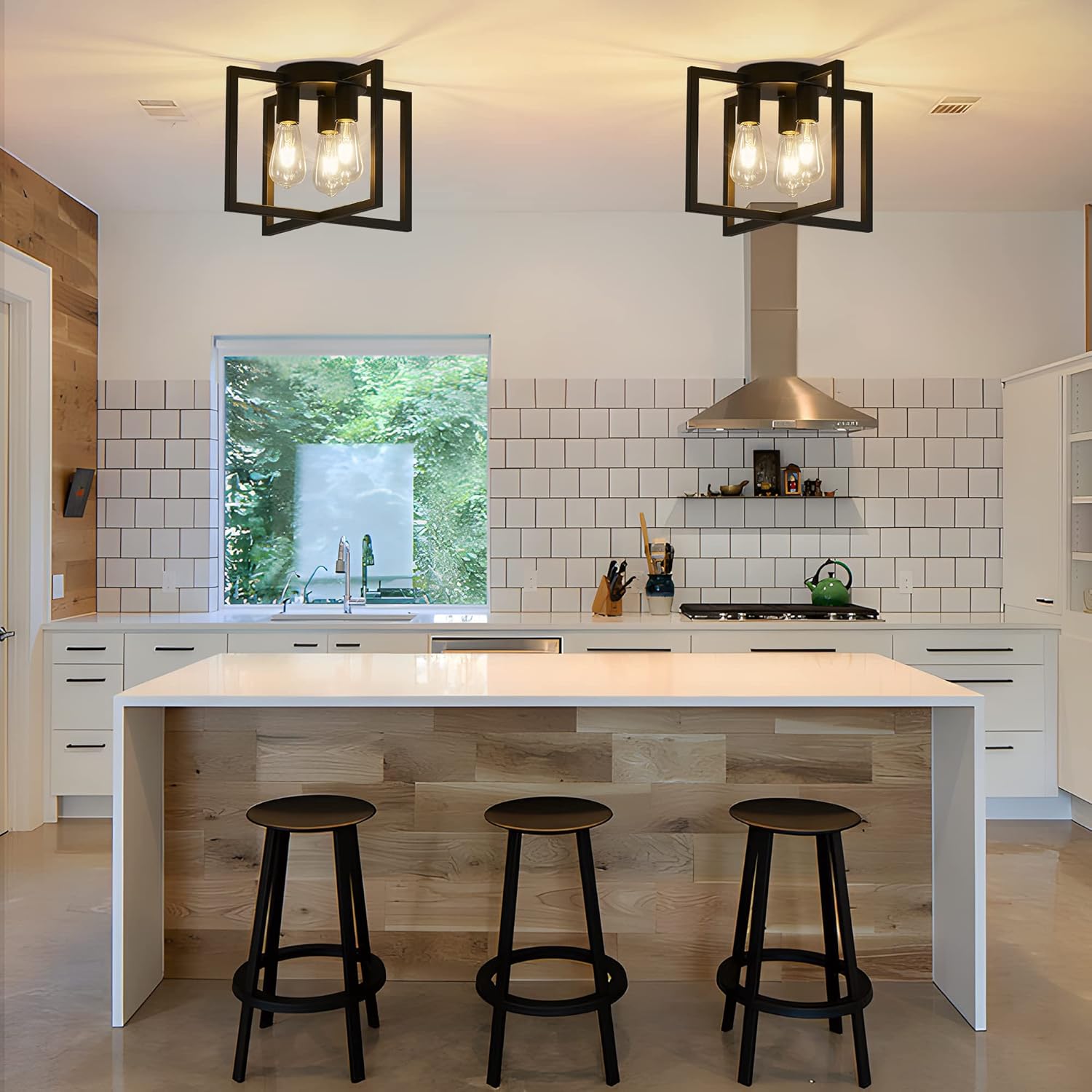 3-Light Ceiling Light Fixture, Black Semi-Flush Mount Chandelier with Geometric Metal Shade, Farmhouse Industrial Lighting for Kitchen Living Room Bedroom Hallway Foyer, E26 Base - Grand Goldman