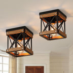 3-Light Rustic Farmhouse Wood Flush Mount Ceiling Light Fixture 14.5 inch Oak Wood and Metal Hexagon Cage Semi Flush Mount Ceiling Light for Hallway Hall Entry Bedroom Kitchen Farmhouse, Black - Grand Goldman