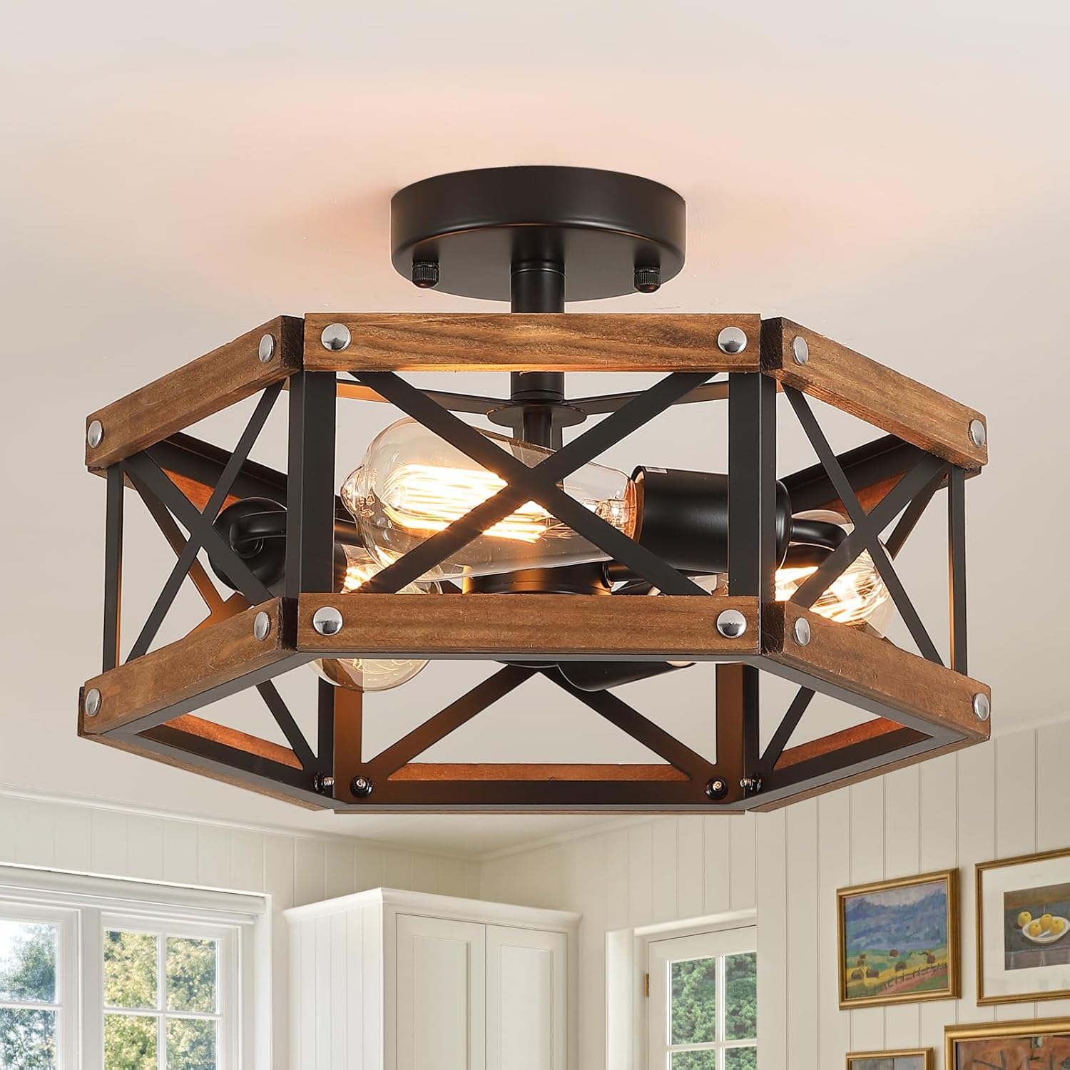 3-Light Rustic Farmhouse Wood Flush Mount Ceiling Light Fixture 14.5 inch Oak Wood and Metal Hexagon Cage Semi Flush Mount Ceiling Light for Hallway Hall Entry Bedroom Kitchen Farmhouse, Black - Grand Goldman