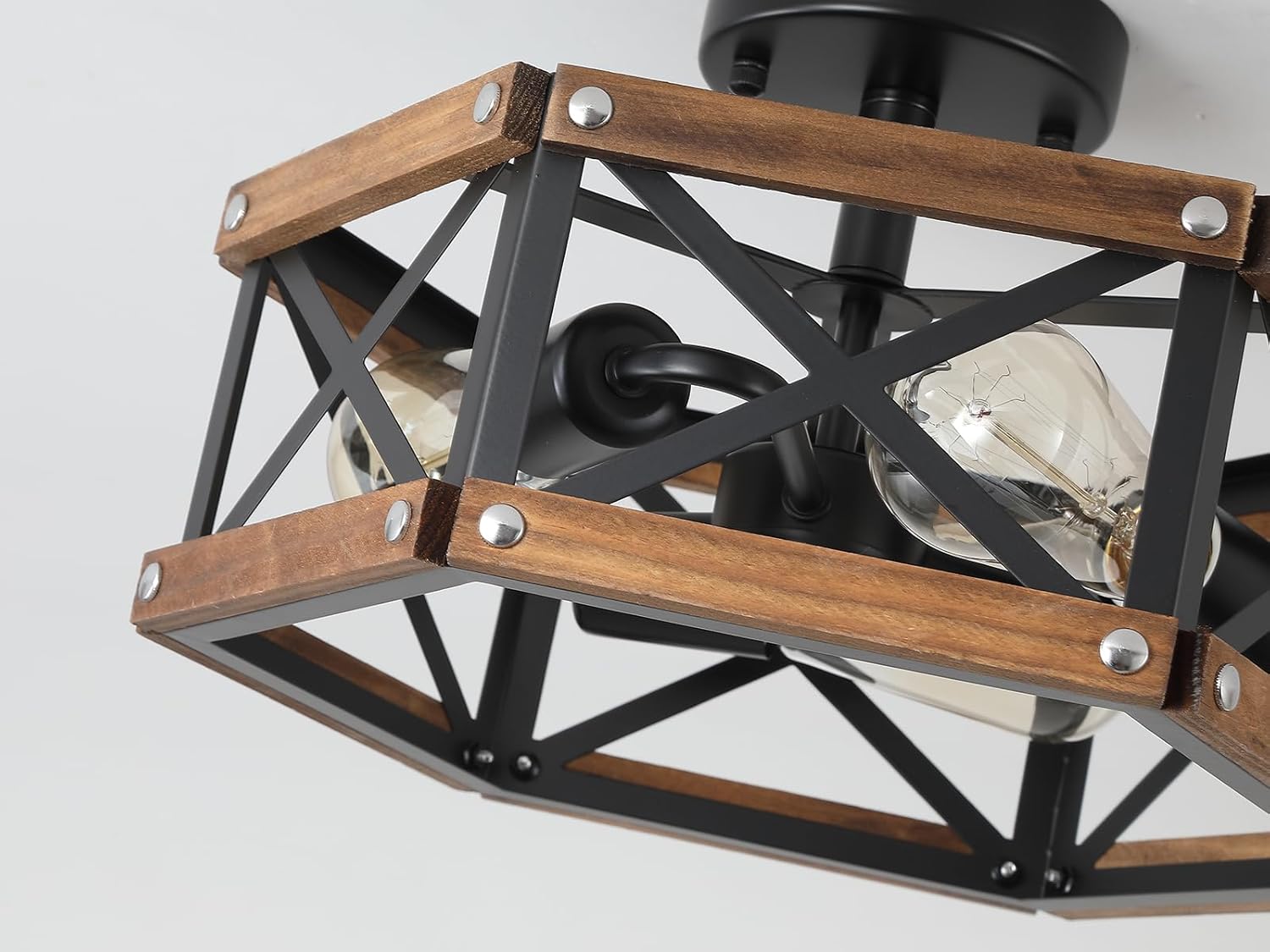 3-Light Rustic Farmhouse Wood Flush Mount Ceiling Light Fixture 14.5 inch Oak Wood and Metal Hexagon Cage Semi Flush Mount Ceiling Light for Hallway Hall Entry Bedroom Kitchen Farmhouse, Black - Grand Goldman