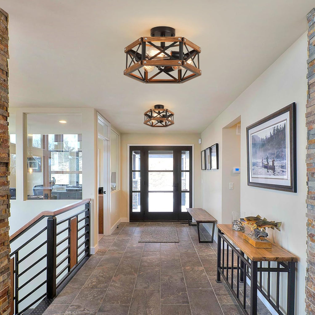 3-Light Rustic Farmhouse Wood Flush Mount Ceiling Light Fixture 14.5 inch Oak Wood and Metal Hexagon Cage Semi Flush Mount Ceiling Light for Hallway Hall Entry Bedroom Kitchen Farmhouse, Black - Grand Goldman