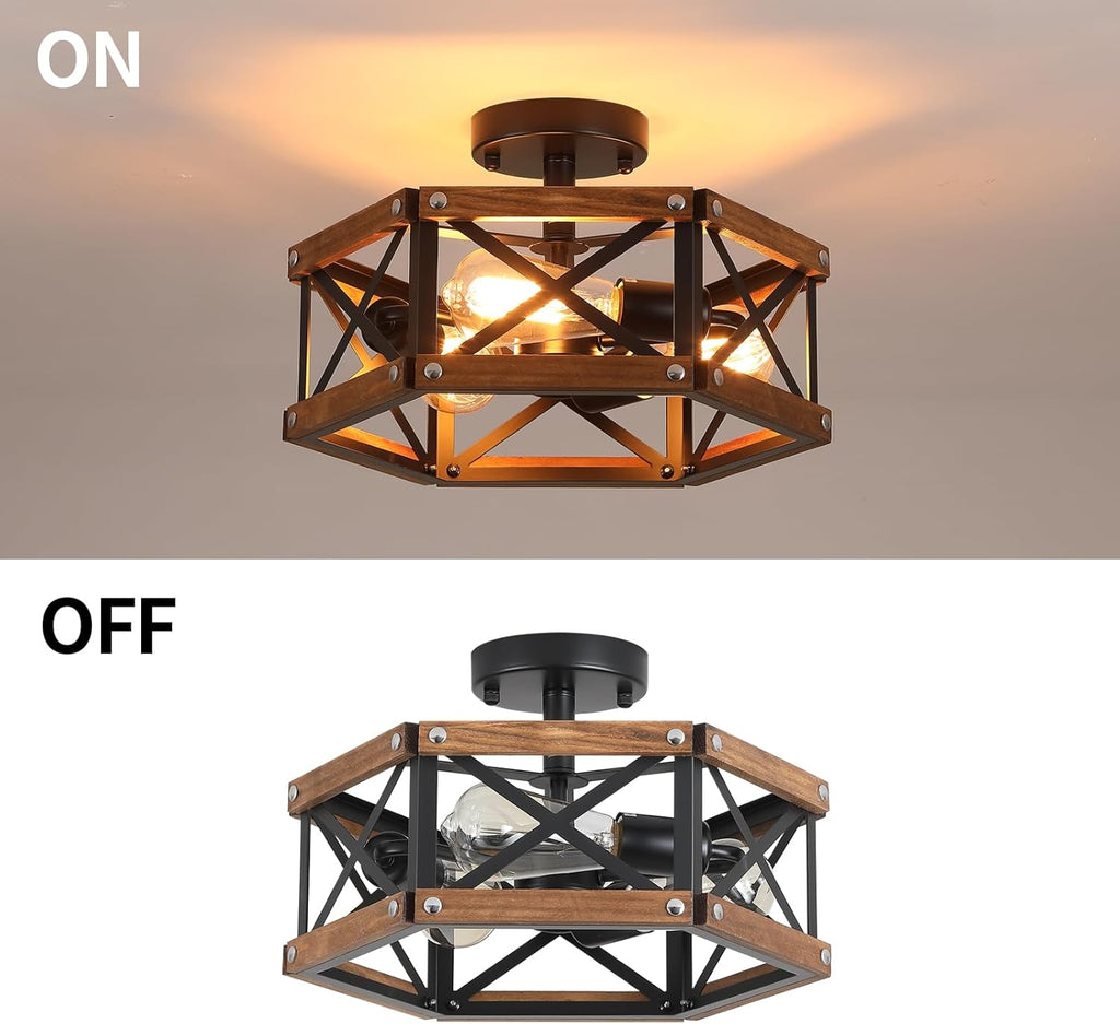 3-Light Rustic Farmhouse Wood Flush Mount Ceiling Light Fixture 14.5 inch Oak Wood and Metal Hexagon Cage Semi Flush Mount Ceiling Light for Hallway Hall Entry Bedroom Kitchen Farmhouse, Black - Grand Goldman