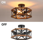 3-Light Rustic Farmhouse Wood Flush Mount Ceiling Light Fixture 14.5 inch Oak Wood and Metal Hexagon Cage Semi Flush Mount Ceiling Light for Hallway Hall Entry Bedroom Kitchen Farmhouse, Black - Grand Goldman