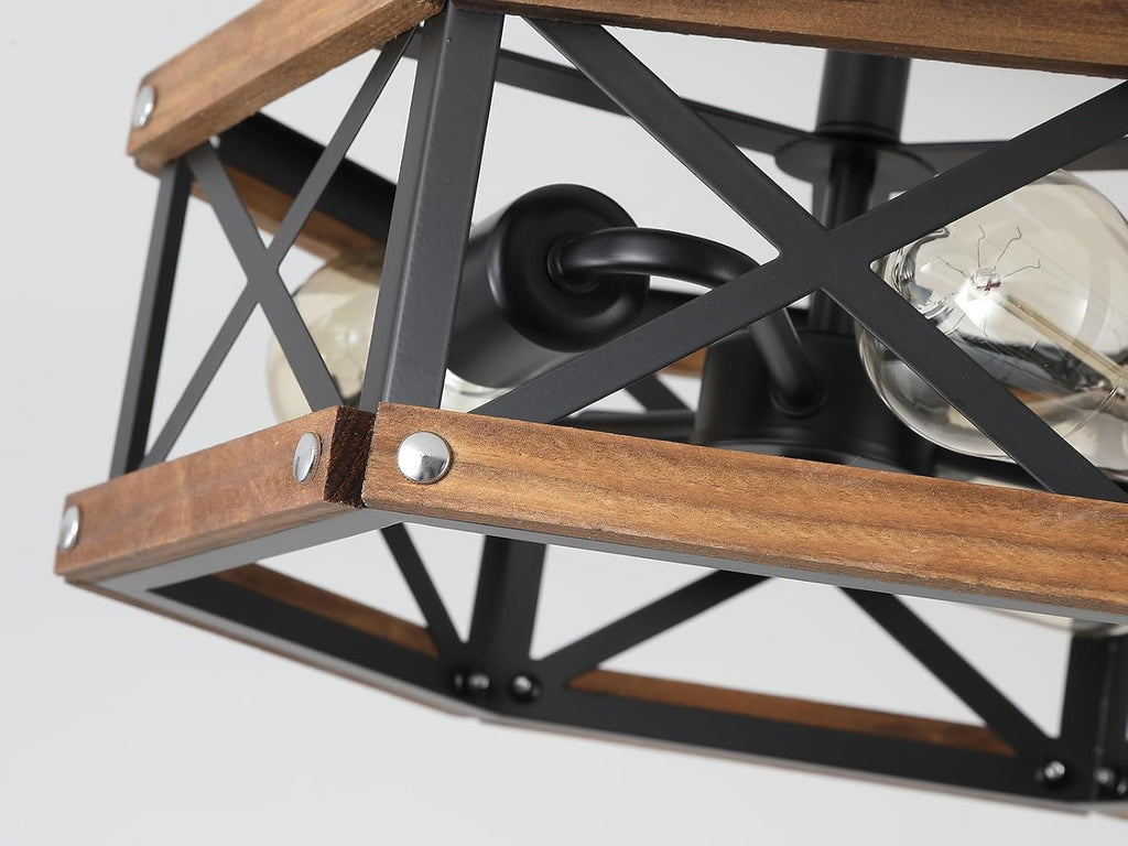 3-Light Rustic Farmhouse Wood Flush Mount Ceiling Light Fixture 14.5 inch Oak Wood and Metal Hexagon Cage Semi Flush Mount Ceiling Light for Hallway Hall Entry Bedroom Kitchen Farmhouse, Black - Grand Goldman