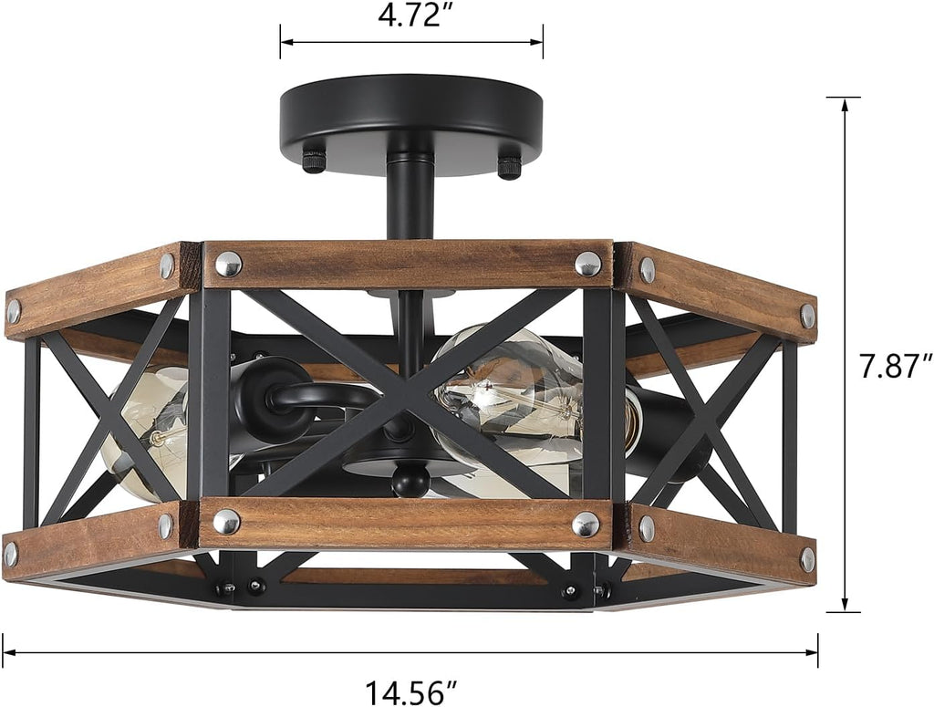 3-Light Rustic Farmhouse Wood Flush Mount Ceiling Light Fixture 14.5 inch Oak Wood and Metal Hexagon Cage Semi Flush Mount Ceiling Light for Hallway Hall Entry Bedroom Kitchen Farmhouse, Black - Grand Goldman