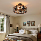 3-Light Rustic Farmhouse Wood Flush Mount Ceiling Light Fixture 14.5 inch Oak Wood and Metal Hexagon Cage Semi Flush Mount Ceiling Light for Hallway Hall Entry Bedroom Kitchen Farmhouse, Black - Grand Goldman