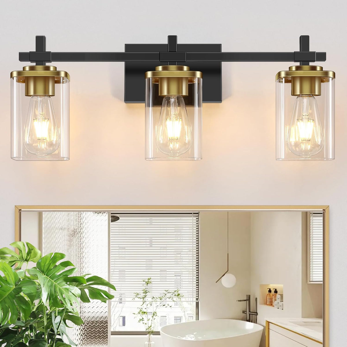 3-Lights Black and Gold Bathroom Light Fixtures Over Mirror, Modern Brushed Gold Vanity Lights for Bathroom, Sconces Wall Lighting with Square Glass Shade for Mirror Bedroom Hallway - Grand Goldman