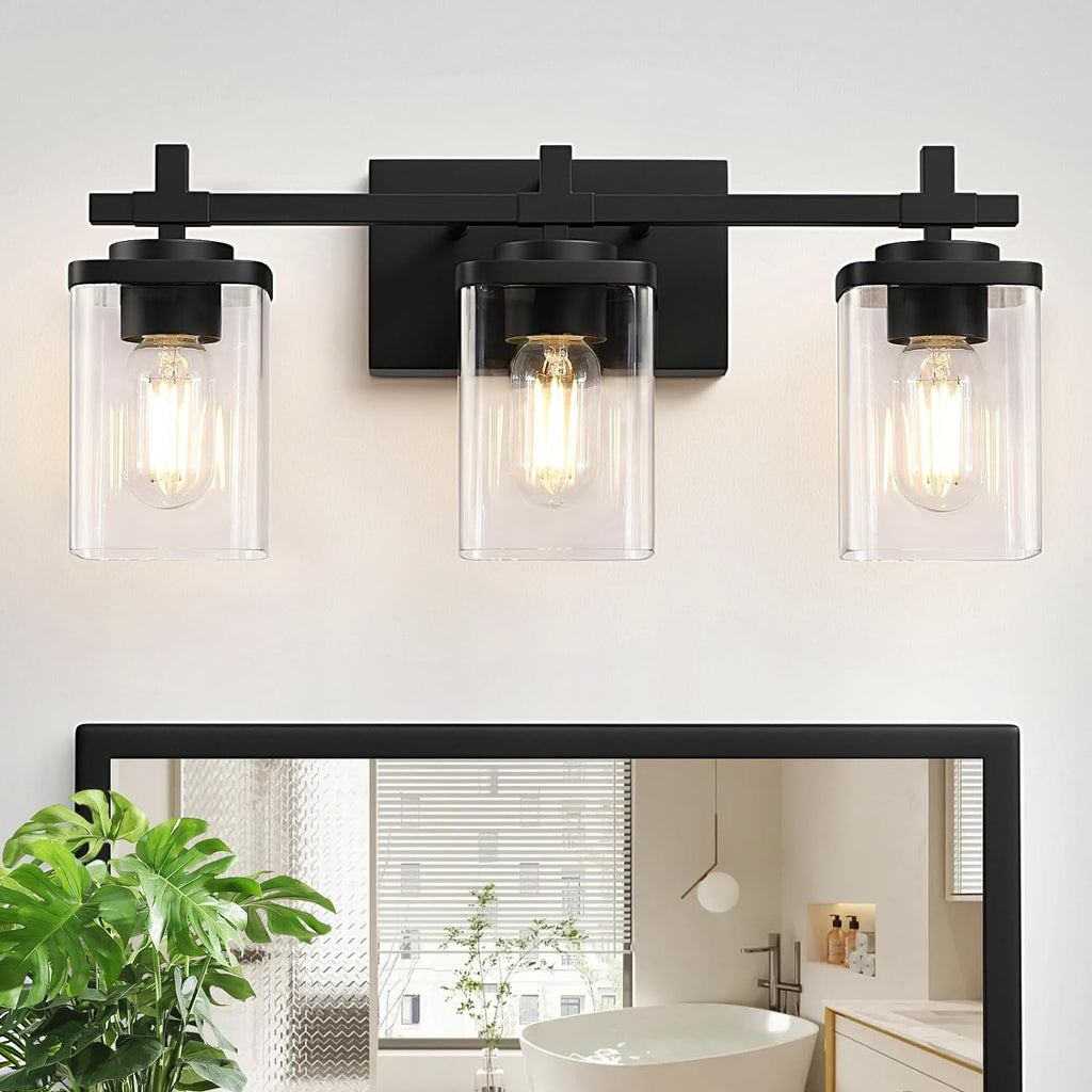 3-Lights Black and Gold Bathroom Light Fixtures Over Mirror, Modern Brushed Gold Vanity Lights for Bathroom, Sconces Wall Lighting with Square Glass Shade for Mirror Bedroom Hallway - Grand Goldman