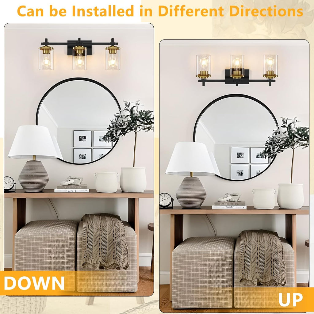 3-Lights Black and Gold Bathroom Light Fixtures Over Mirror, Modern Brushed Gold Vanity Lights for Bathroom, Sconces Wall Lighting with Square Glass Shade for Mirror Bedroom Hallway - Grand Goldman