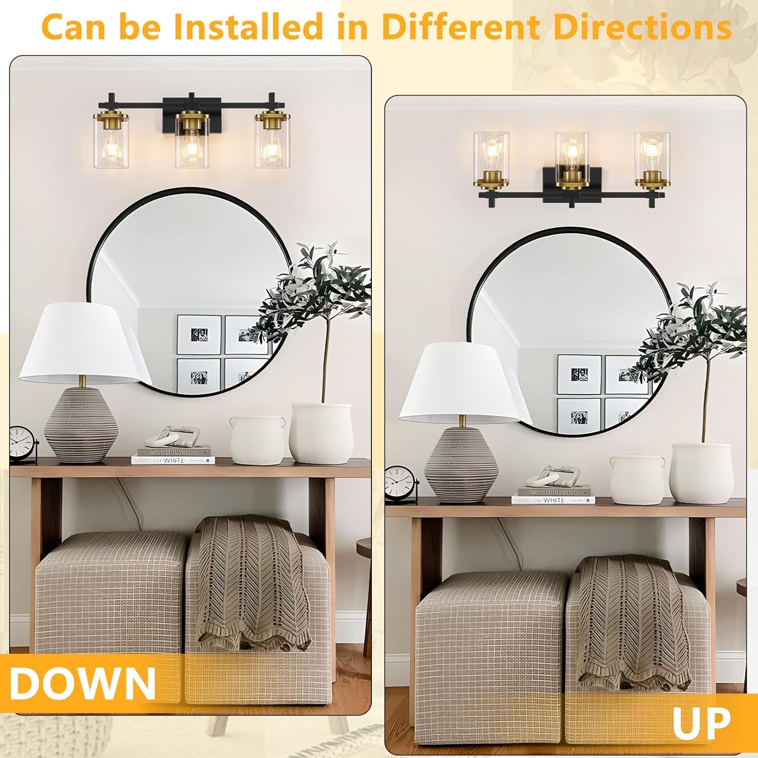 3-Lights Black and Gold Bathroom Light Fixtures Over Mirror, Modern Brushed Gold Vanity Lights for Bathroom, Sconces Wall Lighting with Square Glass Shade for Mirror Bedroom Hallway - Grand Goldman