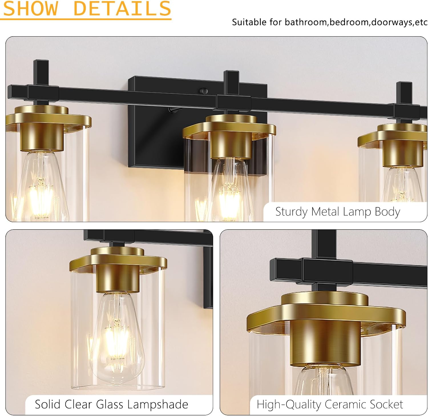 3-Lights Black and Gold Bathroom Light Fixtures Over Mirror, Modern Brushed Gold Vanity Lights for Bathroom, Sconces Wall Lighting with Square Glass Shade for Mirror Bedroom Hallway - Grand Goldman