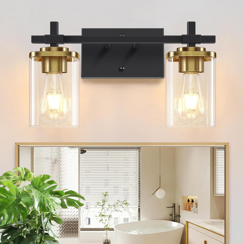3-Lights Black and Gold Bathroom Light Fixtures Over Mirror, Modern Brushed Gold Vanity Lights for Bathroom, Sconces Wall Lighting with Square Glass Shade for Mirror Bedroom Hallway - Grand Goldman