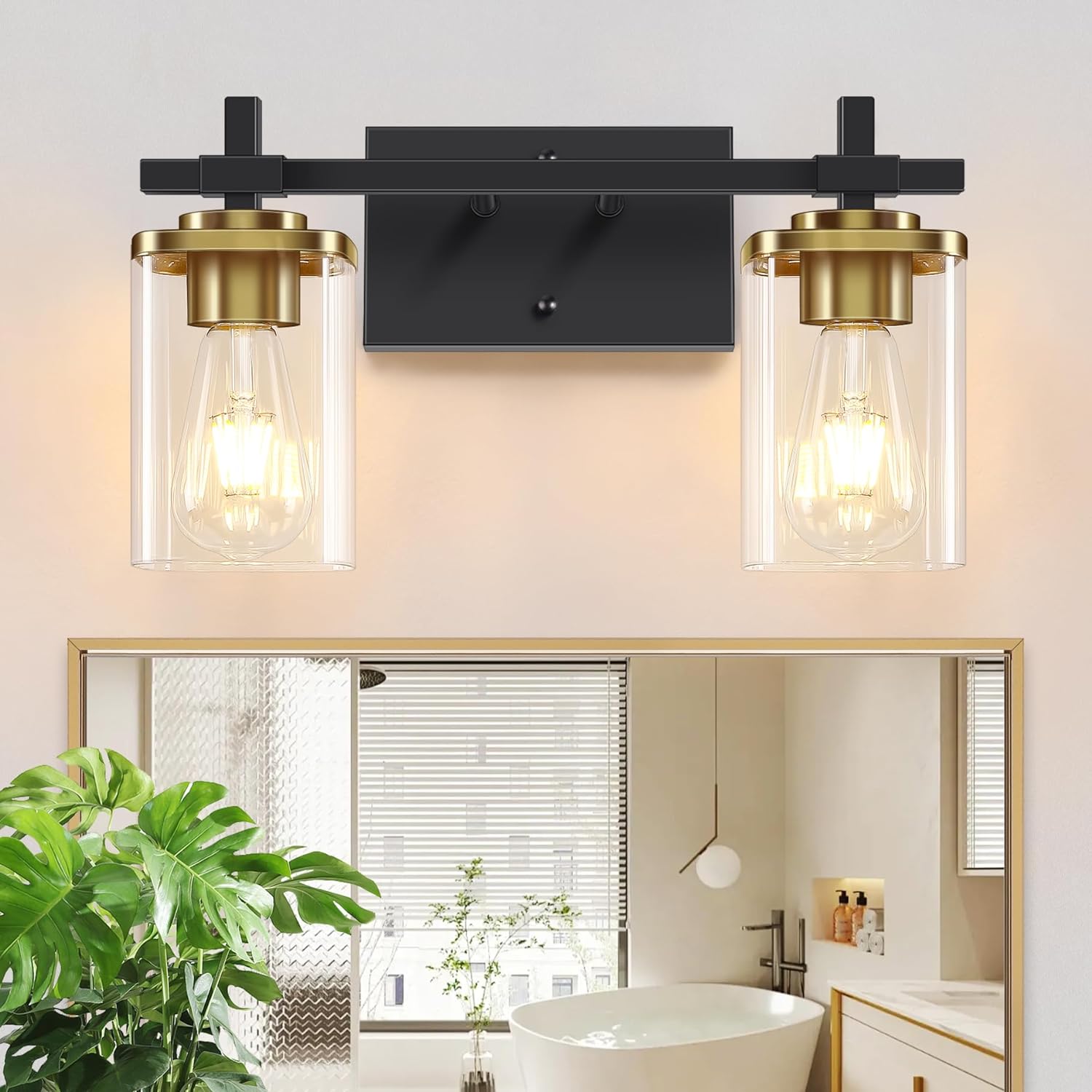 3-Lights Black and Gold Bathroom Light Fixtures Over Mirror, Modern Brushed Gold Vanity Lights for Bathroom, Sconces Wall Lighting with Square Glass Shade for Mirror Bedroom Hallway - Grand Goldman