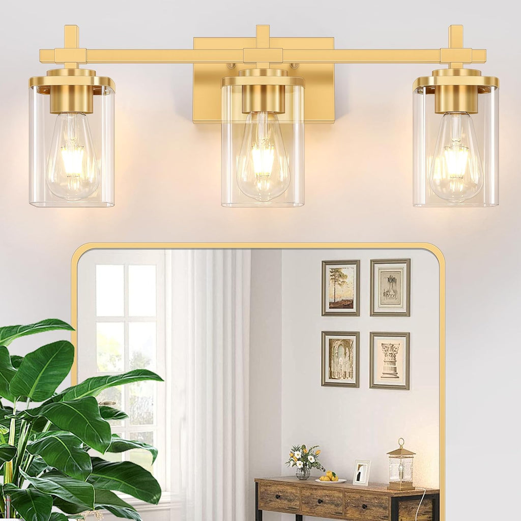 3-Lights Black and Gold Bathroom Light Fixtures Over Mirror, Modern Brushed Gold Vanity Lights for Bathroom, Sconces Wall Lighting with Square Glass Shade for Mirror Bedroom Hallway - Grand Goldman
