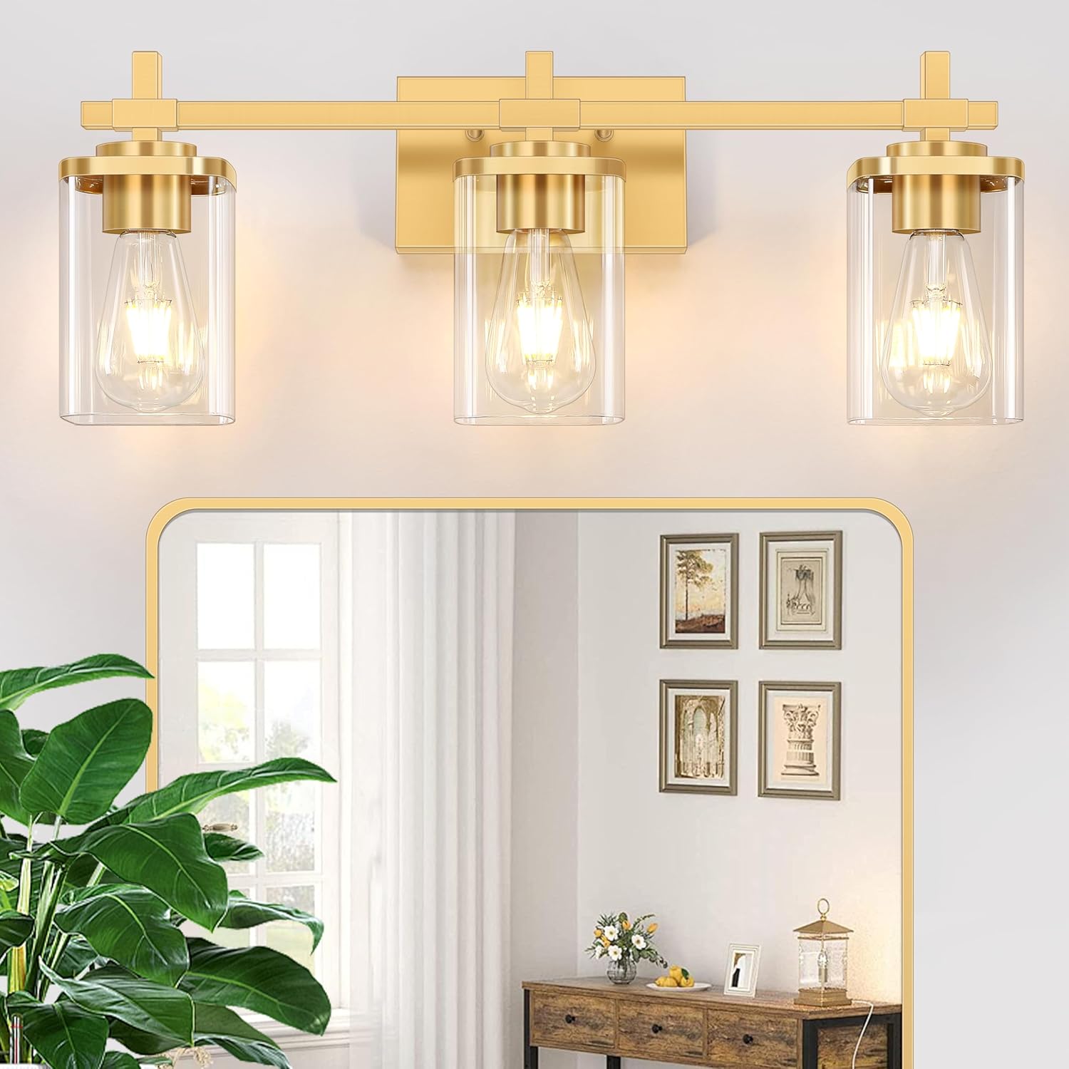 3-Lights Black and Gold Bathroom Light Fixtures Over Mirror, Modern Brushed Gold Vanity Lights for Bathroom, Sconces Wall Lighting with Square Glass Shade for Mirror Bedroom Hallway - Grand Goldman