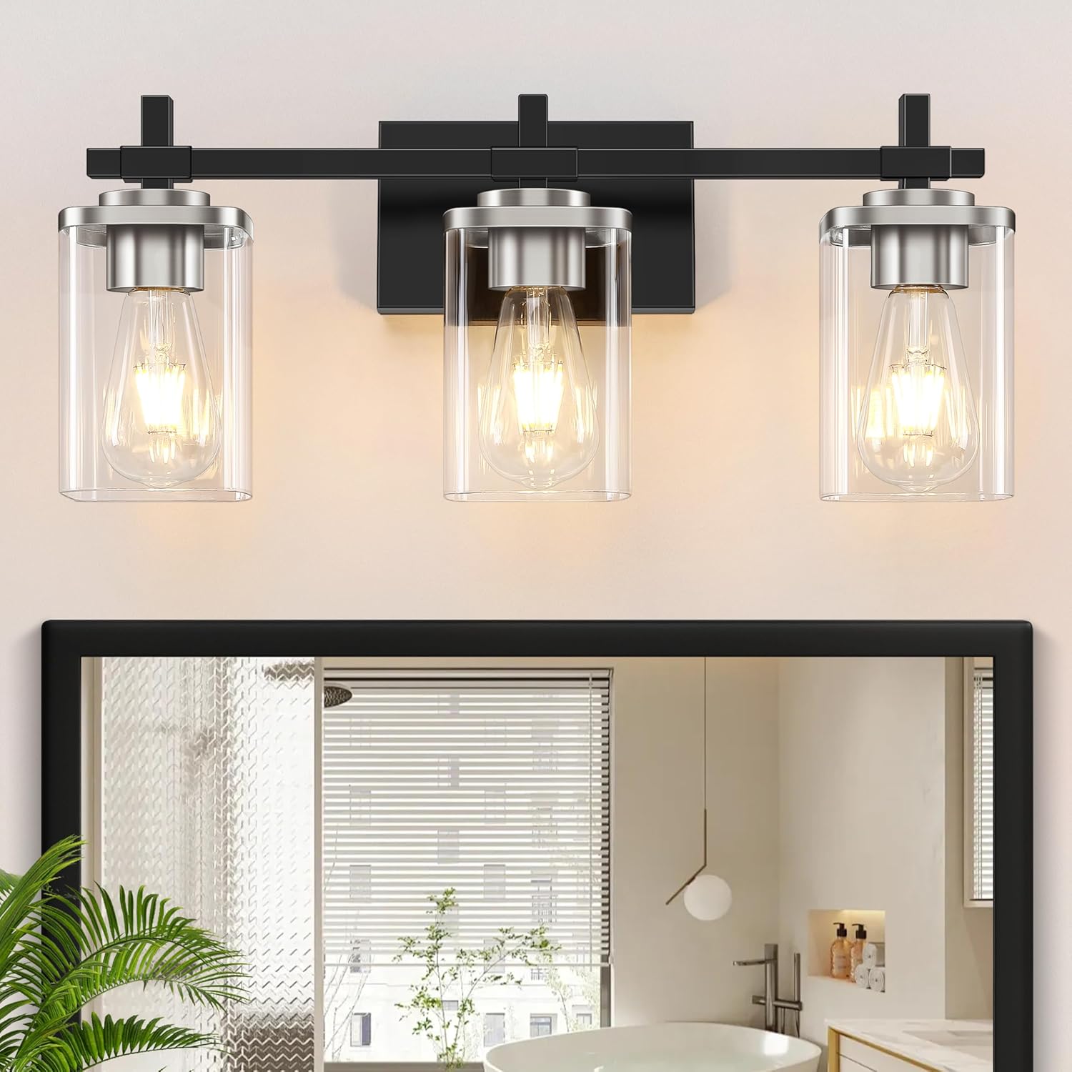 3-Lights Black and Gold Bathroom Light Fixtures Over Mirror, Modern Brushed Gold Vanity Lights for Bathroom, Sconces Wall Lighting with Square Glass Shade for Mirror Bedroom Hallway - Grand Goldman