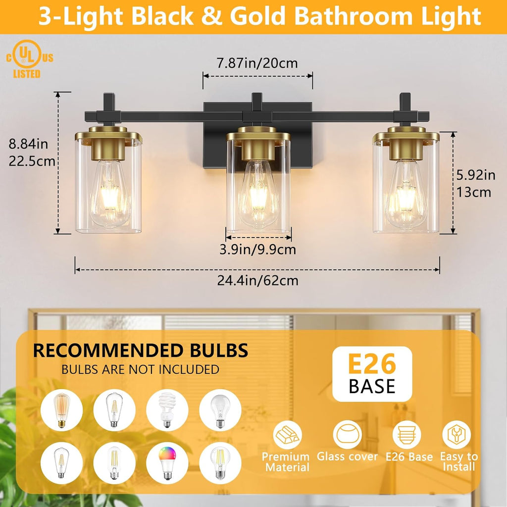 3-Lights Black and Gold Bathroom Light Fixtures Over Mirror, Modern Brushed Gold Vanity Lights for Bathroom, Sconces Wall Lighting with Square Glass Shade for Mirror Bedroom Hallway - Grand Goldman