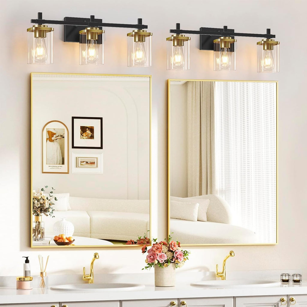 3-Lights Black and Gold Bathroom Light Fixtures Over Mirror, Modern Brushed Gold Vanity Lights for Bathroom, Sconces Wall Lighting with Square Glass Shade for Mirror Bedroom Hallway - Grand Goldman