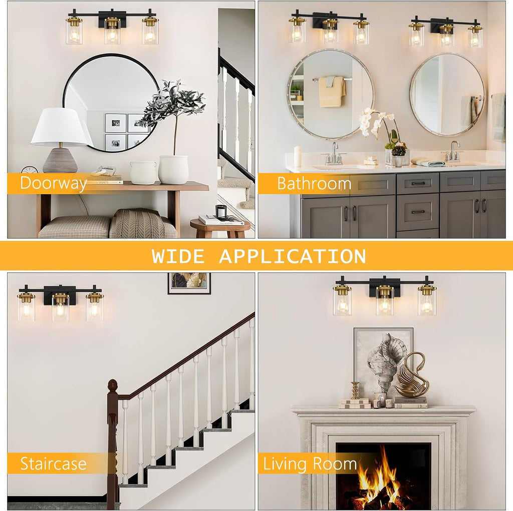 3-Lights Black and Gold Bathroom Light Fixtures Over Mirror, Modern Brushed Gold Vanity Lights for Bathroom, Sconces Wall Lighting with Square Glass Shade for Mirror Bedroom Hallway - Grand Goldman