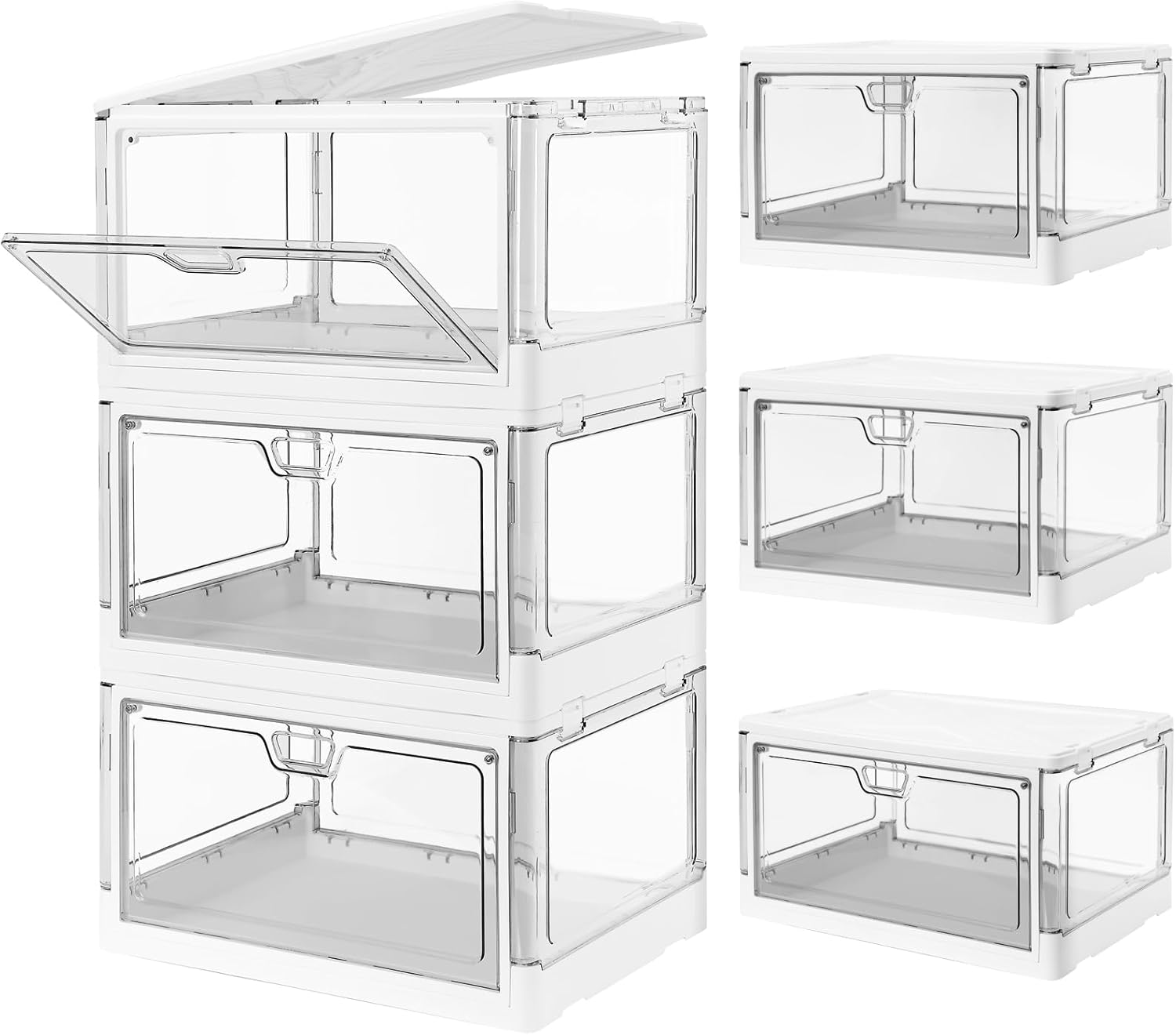3-Pack Clear Stackable Storage Bins with Lids Magnetic Doors Open Front Foldable Folding Plastic Craft Containers Large Closet Organizers Box for Bedrooms Living Rooms Study Kids' Toys 24 QT - Grand Goldman