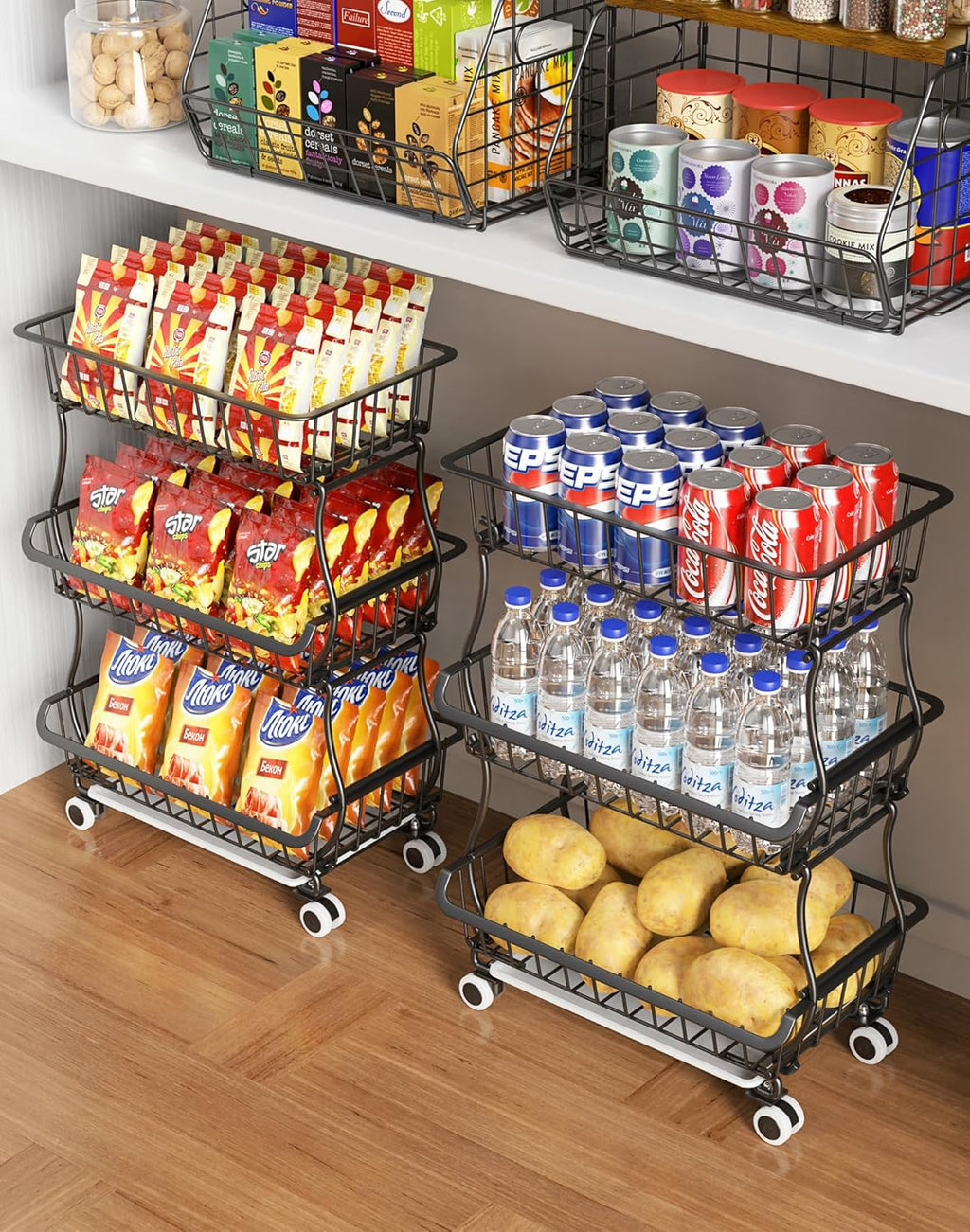 3-Tier Rolling Pantry Floor Organizers and Storage Cart on Wheels, Stackable Wire Pantry Baskets for Pantry Shelves, Kitchen Fruit Basket Stand Storage Rack for Snack Fruit Onion Potato Bread - Grand Goldman
