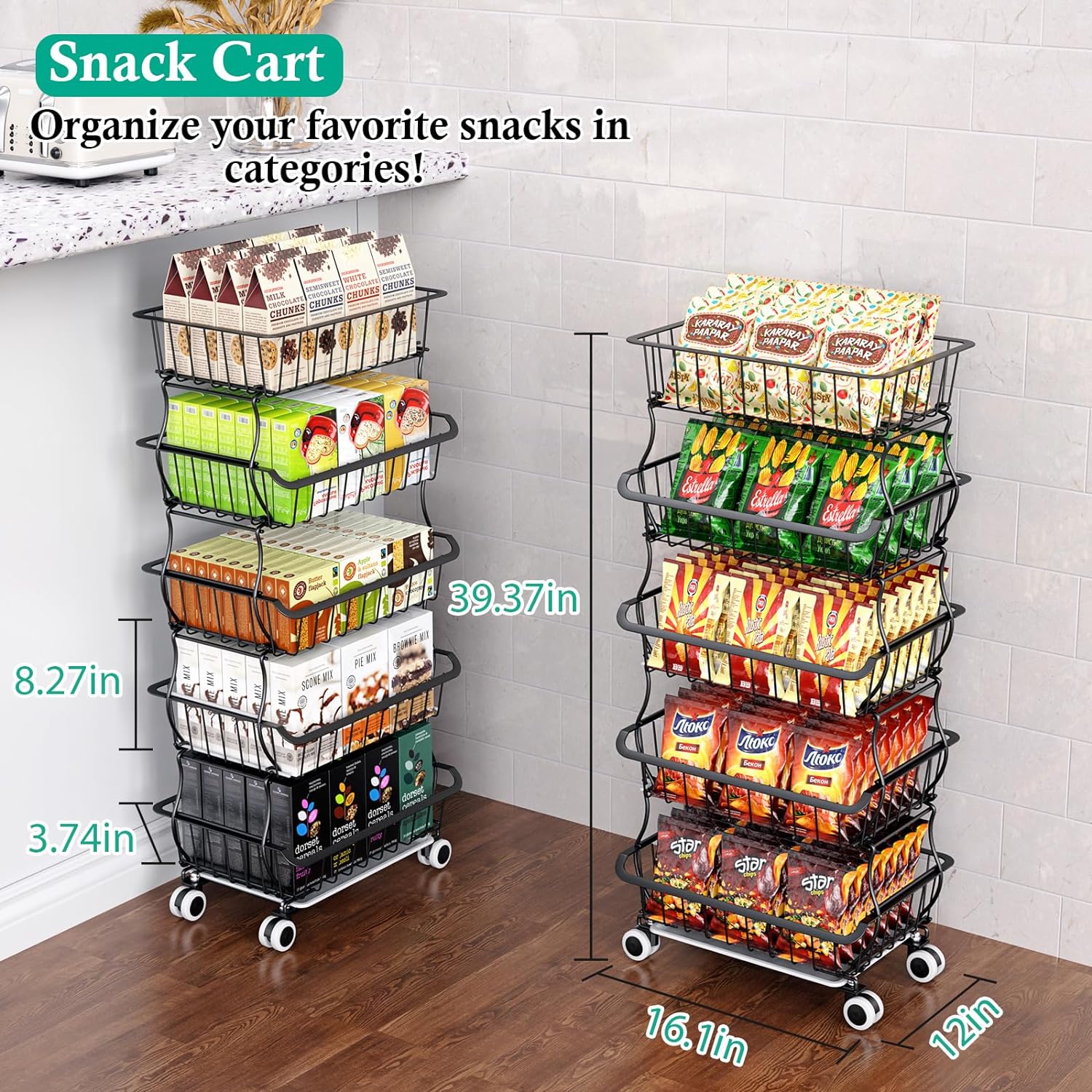 3-Tier Rolling Pantry Floor Organizers and Storage Cart on Wheels, Stackable Wire Pantry Baskets for Pantry Shelves, Kitchen Fruit Basket Stand Storage Rack for Snack Fruit Onion Potato Bread - Grand Goldman