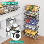 3-Tier Rolling Pantry Floor Organizers and Storage Cart on Wheels, Stackable Wire Pantry Baskets for Pantry Shelves, Kitchen Fruit Basket Stand Storage Rack for Snack Fruit Onion Potato Bread - Grand Goldman