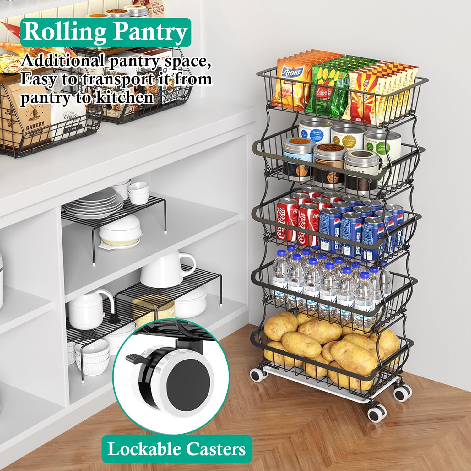 3-Tier Rolling Pantry Floor Organizers and Storage Cart on Wheels, Stackable Wire Pantry Baskets for Pantry Shelves, Kitchen Fruit Basket Stand Storage Rack for Snack Fruit Onion Potato Bread - Grand Goldman