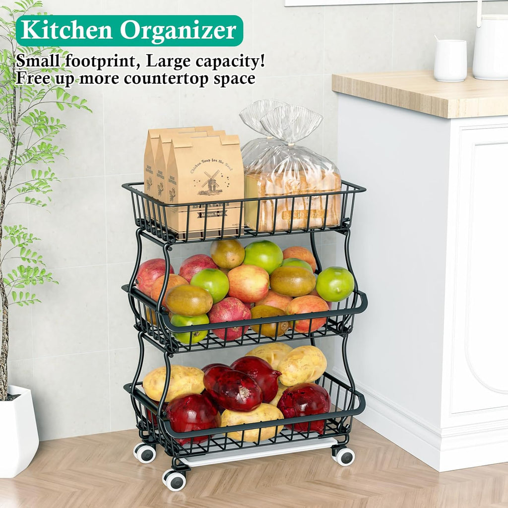 3-Tier Rolling Pantry Floor Organizers and Storage Cart on Wheels, Stackable Wire Pantry Baskets for Pantry Shelves, Kitchen Fruit Basket Stand Storage Rack for Snack Fruit Onion Potato Bread - Grand Goldman