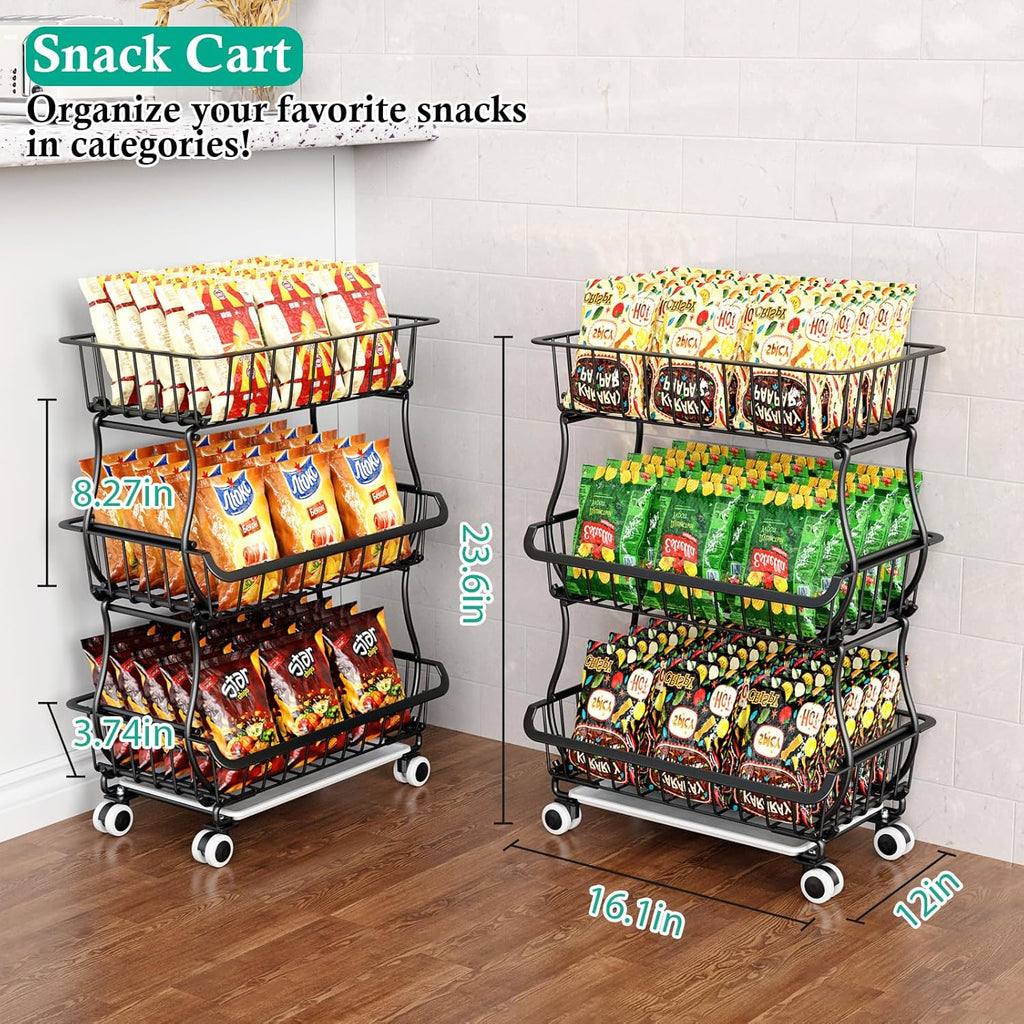 3-Tier Rolling Pantry Floor Organizers and Storage Cart on Wheels, Stackable Wire Pantry Baskets for Pantry Shelves, Kitchen Fruit Basket Stand Storage Rack for Snack Fruit Onion Potato Bread - Grand Goldman