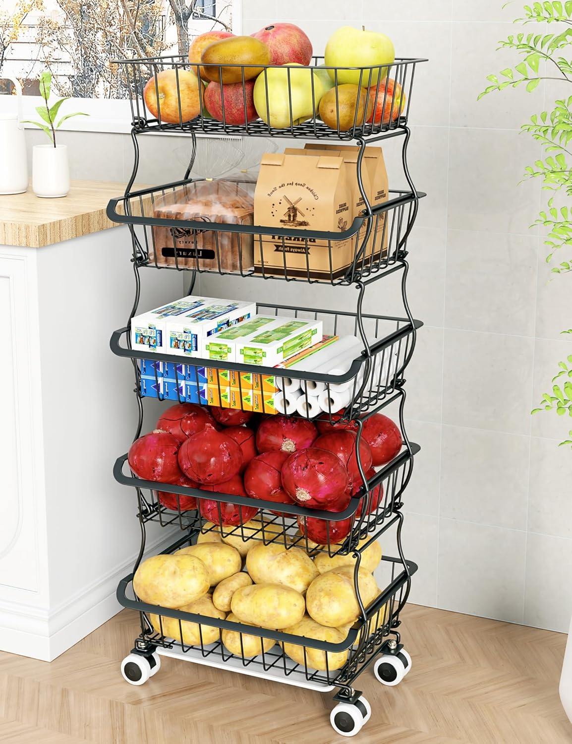 3-Tier Rolling Pantry Floor Organizers and Storage Cart on Wheels, Stackable Wire Pantry Baskets for Pantry Shelves, Kitchen Fruit Basket Stand Storage Rack for Snack Fruit Onion Potato Bread - Grand Goldman
