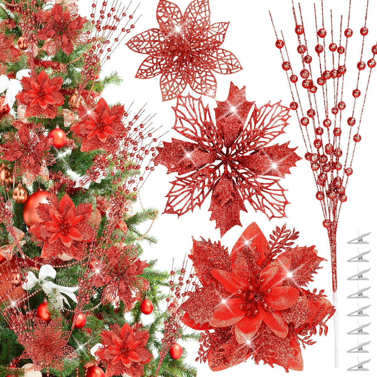 30Pcs Glitter Poinsettia Flowers Berries Stems Ornaments Kit, 24Pcs Artificial Flowers with Clips and 6Pcs Berry Picks Floral Decorations for Christmas Tree Wreath Fireplace Xmas Party Decor (Silver) - Grand Goldman