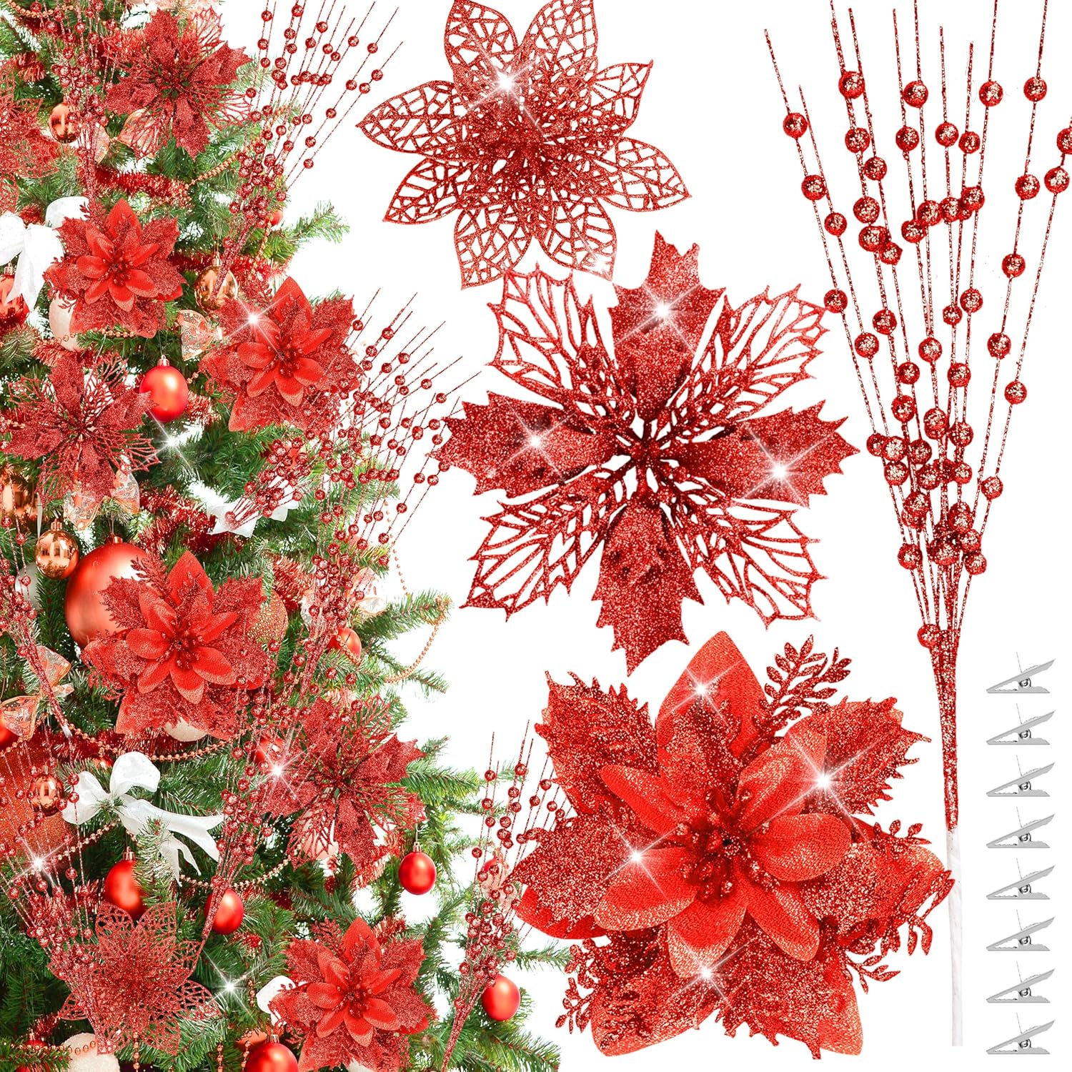 30Pcs Glitter Poinsettia Flowers Berries Stems Ornaments Kit, 24Pcs Artificial Flowers with Clips and 6Pcs Berry Picks Floral Decorations for Christmas Tree Wreath Fireplace Xmas Party Decor (Silver) - Grand Goldman