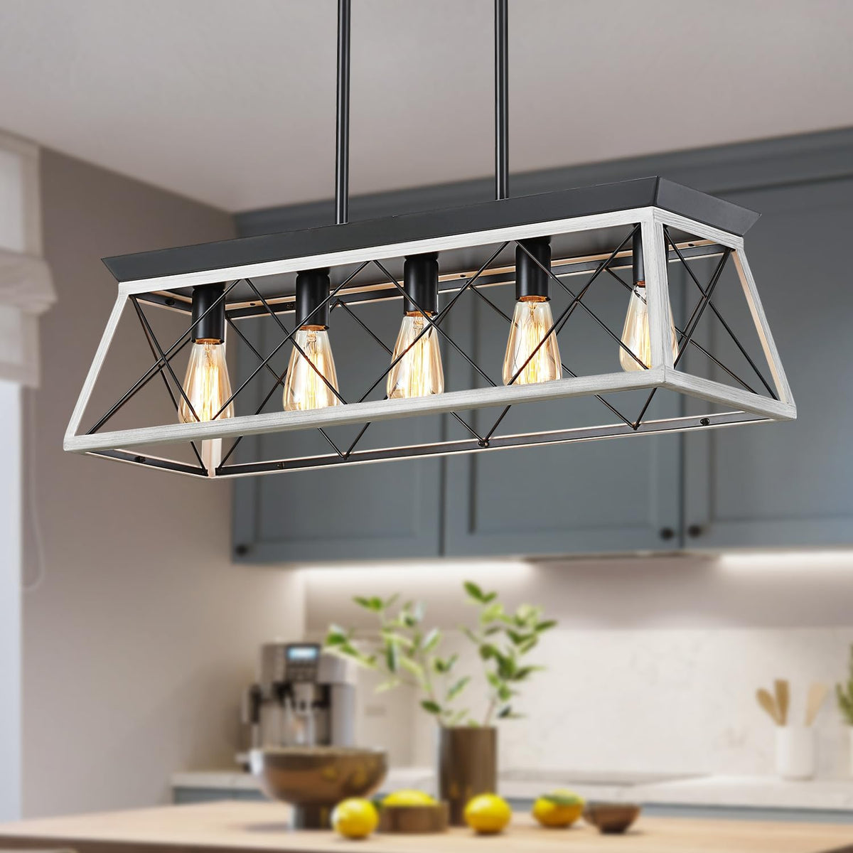 31.5" Farmhouse Kitchen Island Lighting, 5-Light Dining Room Light Fixtures, Rectangular Chandeliers, Rustic Pendant Light Fixtures for Kitchen, Pool Table Lights, Black - Grand Goldman