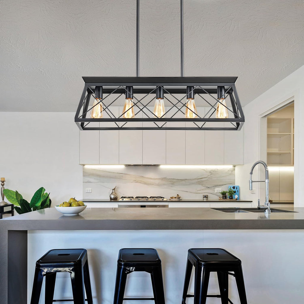 31.5" Farmhouse Kitchen Island Lighting, 5-Light Dining Room Light Fixtures, Rectangular Chandeliers, Rustic Pendant Light Fixtures for Kitchen, Pool Table Lights, Black - Grand Goldman
