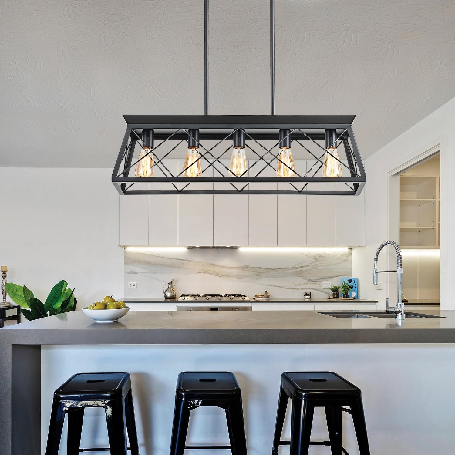 31.5" Farmhouse Kitchen Island Lighting, 5-Light Dining Room Light Fixtures, Rectangular Chandeliers, Rustic Pendant Light Fixtures for Kitchen, Pool Table Lights, Black - Grand Goldman