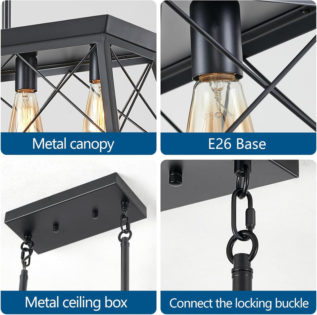 31.5" Farmhouse Kitchen Island Lighting, 5-Light Dining Room Light Fixtures, Rectangular Chandeliers, Rustic Pendant Light Fixtures for Kitchen, Pool Table Lights, Black - Grand Goldman