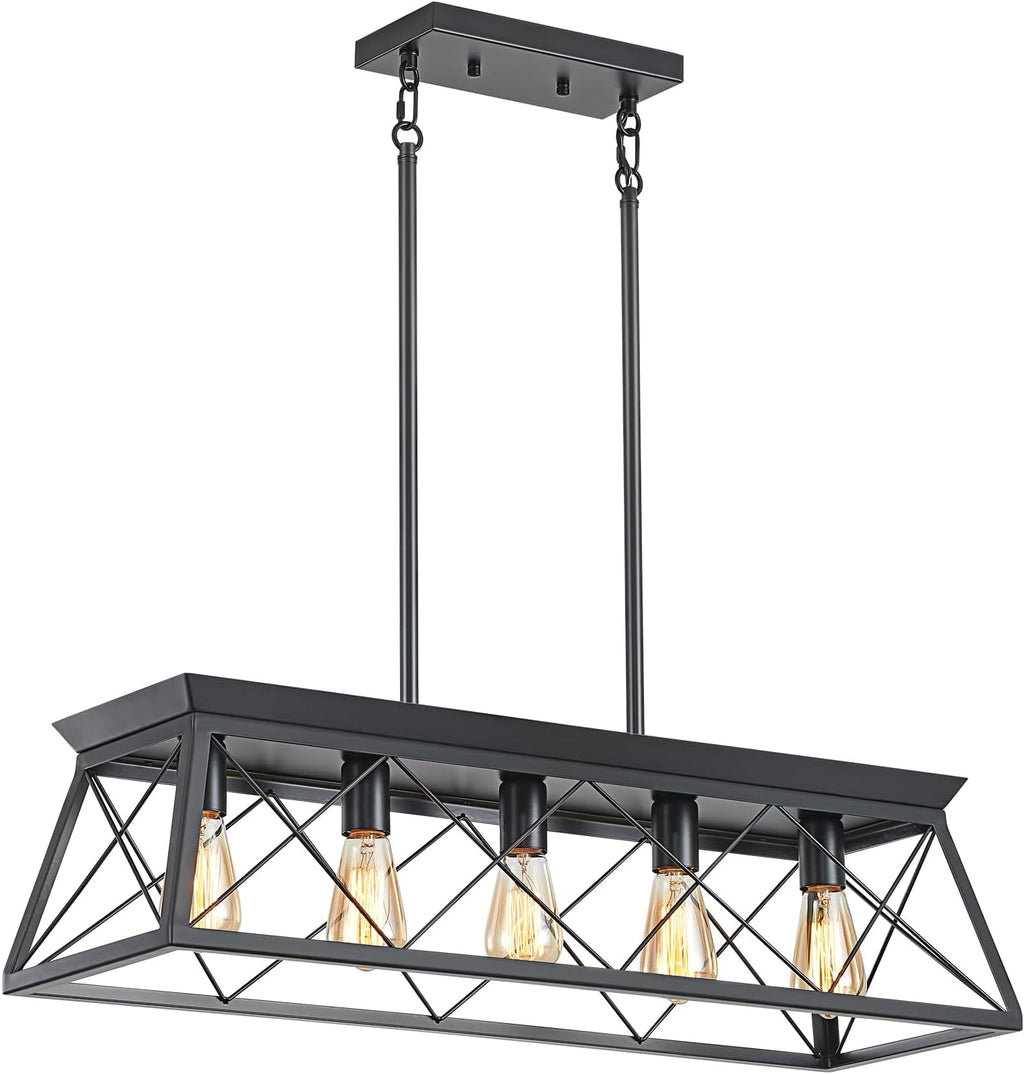 31.5" Farmhouse Kitchen Island Lighting, 5-Light Dining Room Light Fixtures, Rectangular Chandeliers, Rustic Pendant Light Fixtures for Kitchen, Pool Table Lights, Black - Grand Goldman