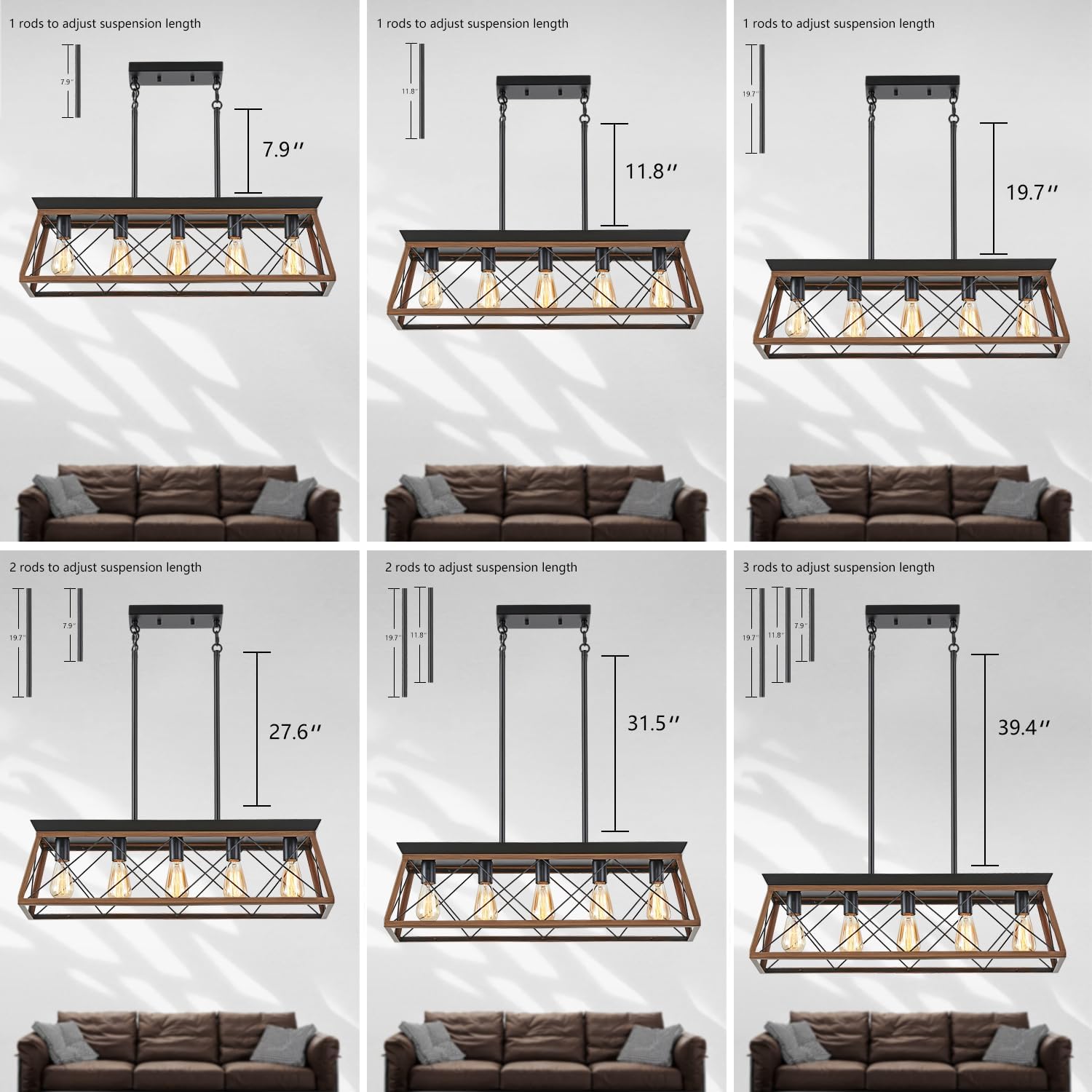 31.5" Farmhouse Kitchen Island Lighting, 5-Light Dining Room Light Fixtures, Rectangular Chandeliers, Rustic Pendant Light Fixtures for Kitchen, Pool Table Lights, Black - Grand Goldman