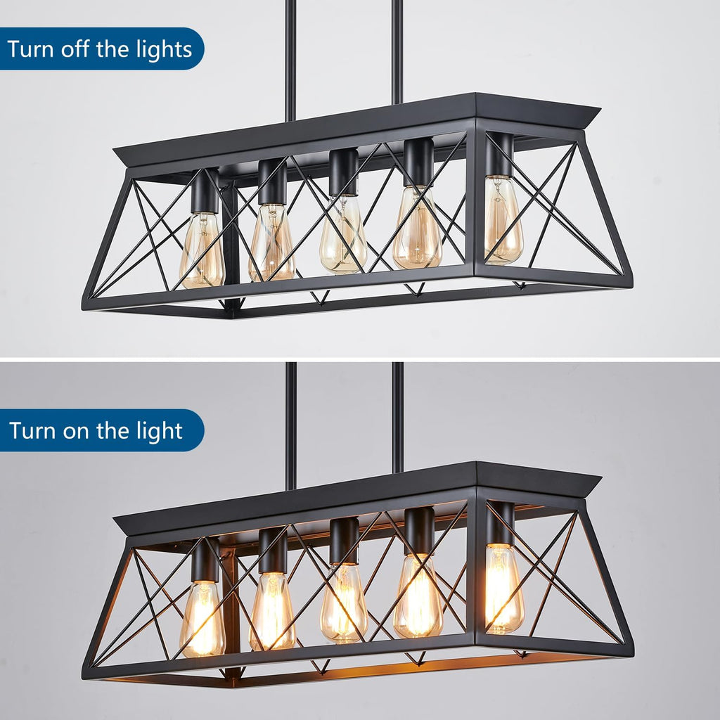 31.5" Farmhouse Kitchen Island Lighting, 5-Light Dining Room Light Fixtures, Rectangular Chandeliers, Rustic Pendant Light Fixtures for Kitchen, Pool Table Lights, Black - Grand Goldman