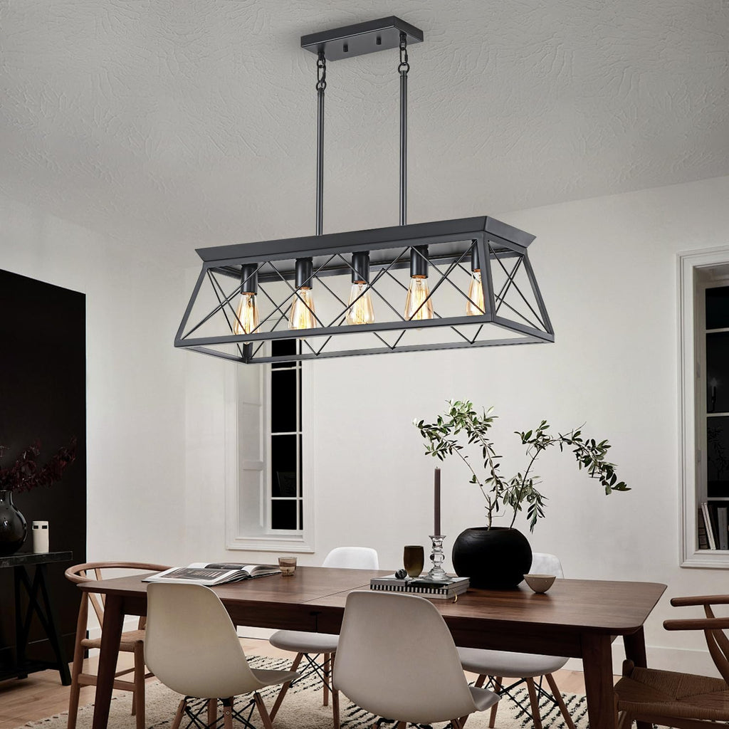 31.5" Farmhouse Kitchen Island Lighting, 5-Light Dining Room Light Fixtures, Rectangular Chandeliers, Rustic Pendant Light Fixtures for Kitchen, Pool Table Lights, Black - Grand Goldman