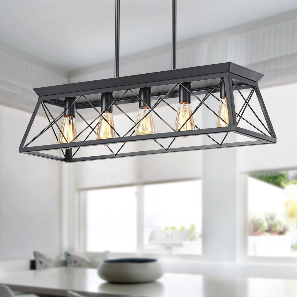 31.5" Farmhouse Kitchen Island Lighting, 5-Light Dining Room Light Fixtures, Rectangular Chandeliers, Rustic Pendant Light Fixtures for Kitchen, Pool Table Lights, Black - Grand Goldman