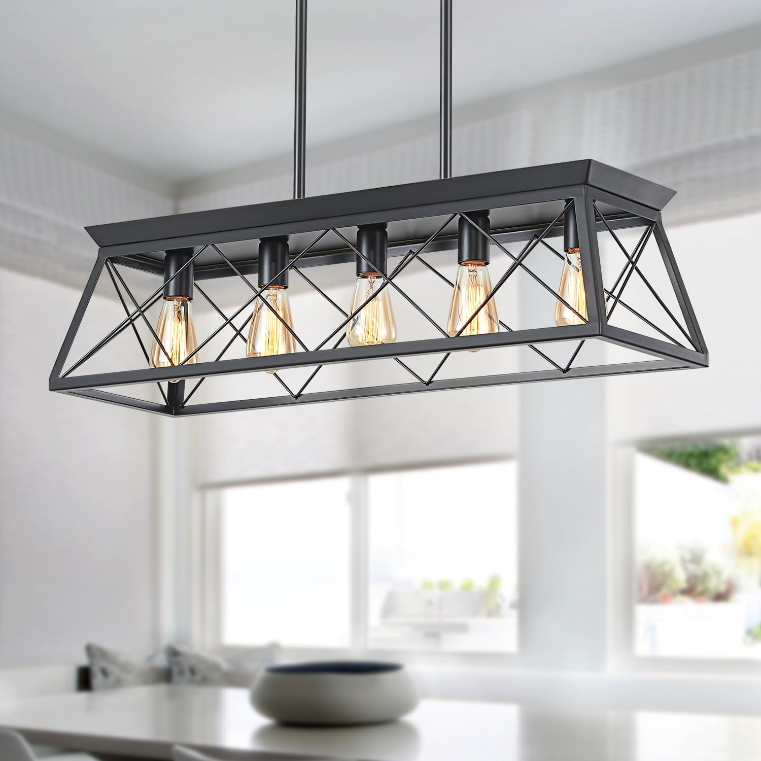31.5" Farmhouse Kitchen Island Lighting, 5-Light Dining Room Light Fixtures, Rectangular Chandeliers, Rustic Pendant Light Fixtures for Kitchen, Pool Table Lights, Black - Grand Goldman
