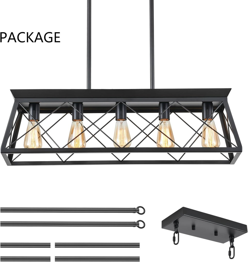 31.5" Farmhouse Kitchen Island Lighting, 5-Light Dining Room Light Fixtures, Rectangular Chandeliers, Rustic Pendant Light Fixtures for Kitchen, Pool Table Lights, Black - Grand Goldman