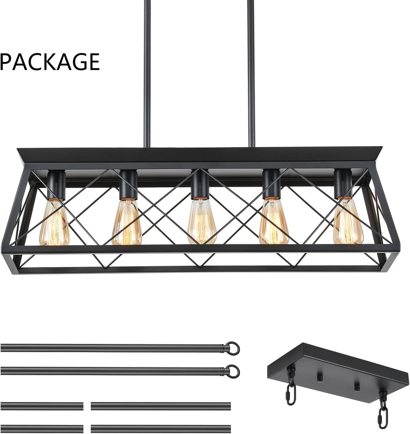 31.5" Farmhouse Kitchen Island Lighting, 5-Light Dining Room Light Fixtures, Rectangular Chandeliers, Rustic Pendant Light Fixtures for Kitchen, Pool Table Lights, Black - Grand Goldman