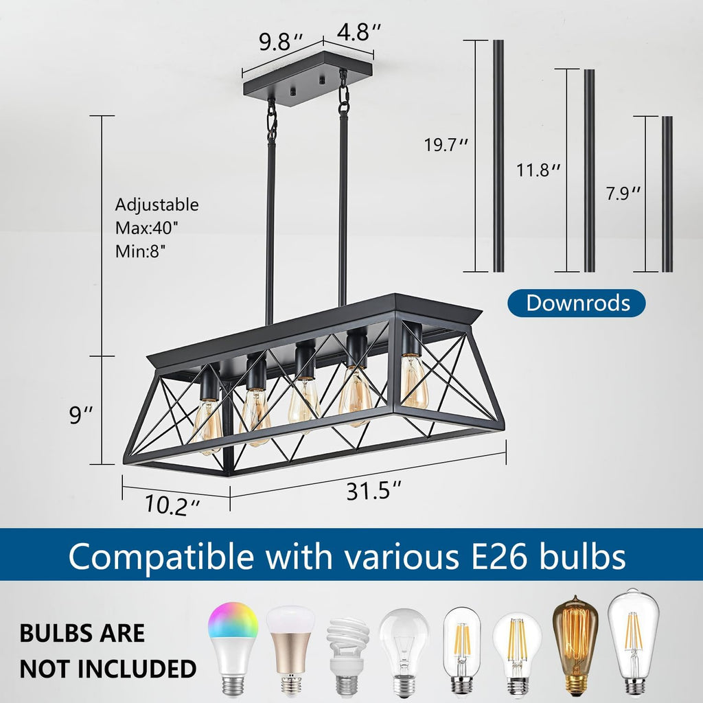 31.5" Farmhouse Kitchen Island Lighting, 5-Light Dining Room Light Fixtures, Rectangular Chandeliers, Rustic Pendant Light Fixtures for Kitchen, Pool Table Lights, Black - Grand Goldman